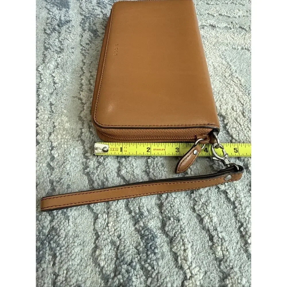 LODIS Tan Leather Zip Around Wristlet Clutch Wallet